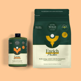Two plant care products in green packaging on a peach background