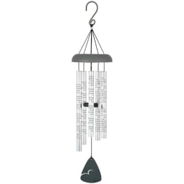 Hanging metal wind chime with clear tubes and a dark clapper