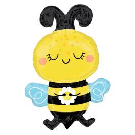 Bee-shaped foil balloon with a smiling face and blue wings