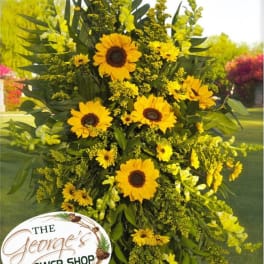 Tall yellow floral spray with sunflowers and greenery
