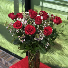 Red roses arranged in a tall glass vase with small white filler flowers