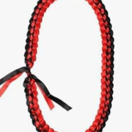 Red and black braided lei with ribbon ties