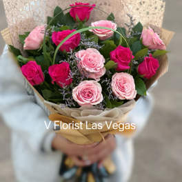 Deluxe hot pink and pink wrapped bouquet