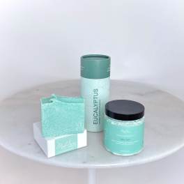 Spa gift set with soap, shower steamers, and sugar scrub in mint packaging