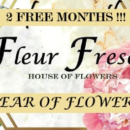 Promotional floral graphic with pink flowers and text reading Fleur Fresca
