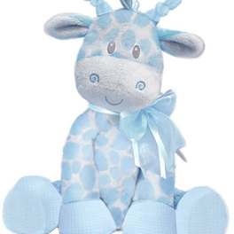 Light blue and white plush giraffe with a satin bow around its neck