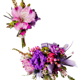 Night Sky Wrist Corsage with coordinating Boutonniere