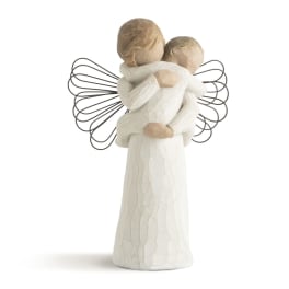 Two small angel figurines in white robes with wire wings