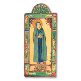 Decorative wall plaque with stylized figure of Elizabeth framed by a teal floral border