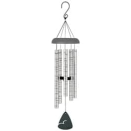 Hanging metal wind chime with a dark clapper and tubes