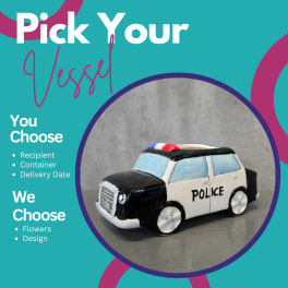 Ceramic police car container with a teal background and text