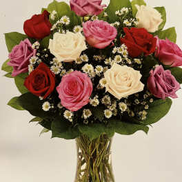 Mixed roses in pink, red, and white arranged in a clear glass vase