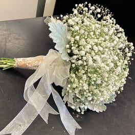 White baby's breath bouquet with a sheer ribbon wrap