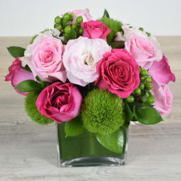 Compact arrangement of pink roses, white lisianthus, and green dianthus in a clear glass cube vase
