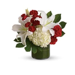 White lilies and red carnations arranged in a green vase