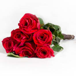 Bouquet of red roses with green foliage