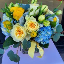 Yellow and cream roses with blue hydrangeas in a clear cube vase with trailing eucalyptus.