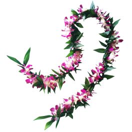 Two pink and white floral leis on a white background