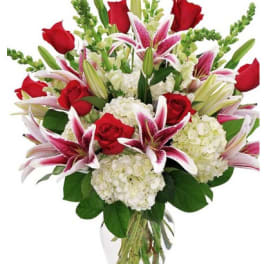 Crazy For You 1 dozen Roses + Hydrangea, Stock & Stargazer Lilies