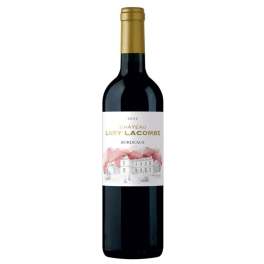 Bottle of red wine with a labeled paper neck and front label