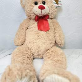 Plush teddy bear with a red bow and heart tag