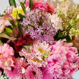 Pink and purple mixed bouquet with chrysanthemums and lilies
