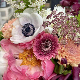 Mixed bouquet with pink, white, and purple flowers