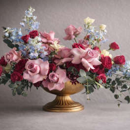 Pink and red rose arrangement in a gold pedestal vase with blue flowers