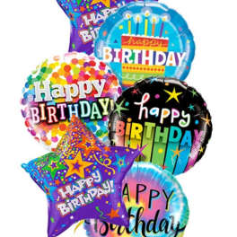 Cluster of colorful birthday balloons with star and round shapes