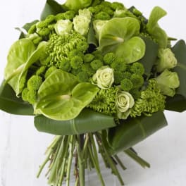 Green bouquet with roses, chrysanthemums, and anthuriums