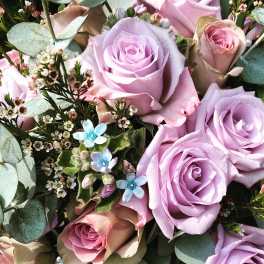 Bouquet of lavender and blush roses with small blue flowers