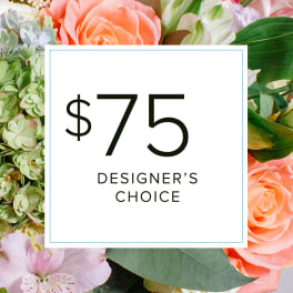 Designer’s choice floral arrangement card with peach roses and mixed blooms