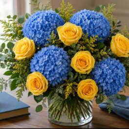 Blue hydrangeas and yellow roses in a clear glass vase