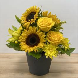 Yellow sunflowers and roses arranged in a black pot
