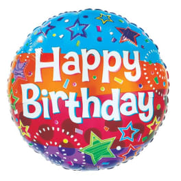 Round birthday balloon with colorful stars and confetti