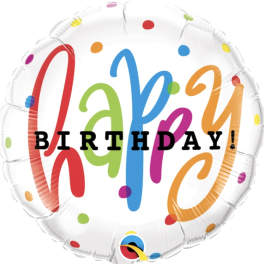 Round birthday balloon with colorful confetti dots and "Happy Birthday" text