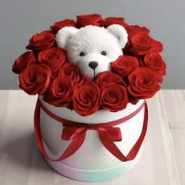 Red roses arranged around a white teddy bear in a round white box