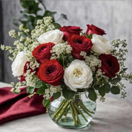 Red and white ranunculus bouquet in a clear glass vase