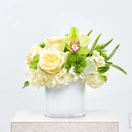 Cream roses and hydrangeas in a clear glass vase with green accents