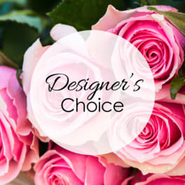 Close-up of pink roses with a translucent circle overlay reading 'Designer’s Choice'.