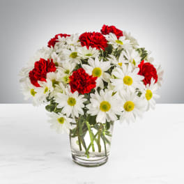 Medium bouquet of white daisies and red carnations in a clear glass vase