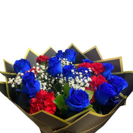 Bouquet of blue roses and red carnations with white baby's breath