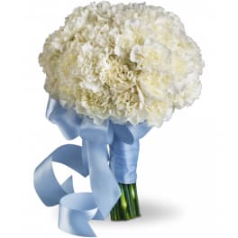 Hand-tied bouquet of white carnations wrapped with a light blue satin ribbon and bow