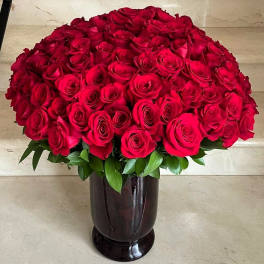 Large bouquet of red roses in a dark vase