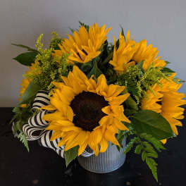 Short arrangement of yellow sunflowers in a metal pot with a black and white striped ribbon.