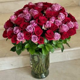 Large arrangement of red and lavender roses in a clear glass vase with a lush green collar