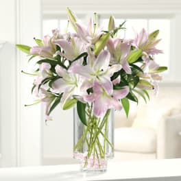 Tall clear glass vase filled with pale pink lilies and buds in a loose arrangement.