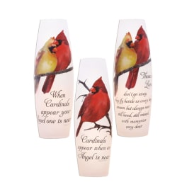 Three memorial vases with cardinal illustrations and sympathy text