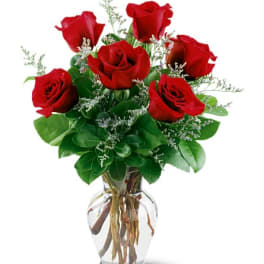 Red roses arranged in a clear glass vase