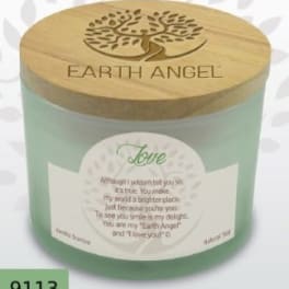 A mint-green candle in a glass jar with a wooden lid and printed label.